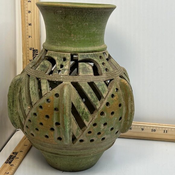 Other - Vintage Green Pottery Lantern Vase Pierced Ceramic Rustic Garden Decor